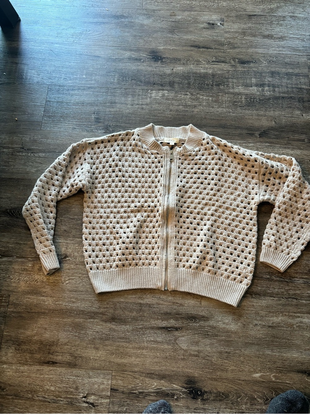 Elan Cream Open-Weave Zip Cardigan